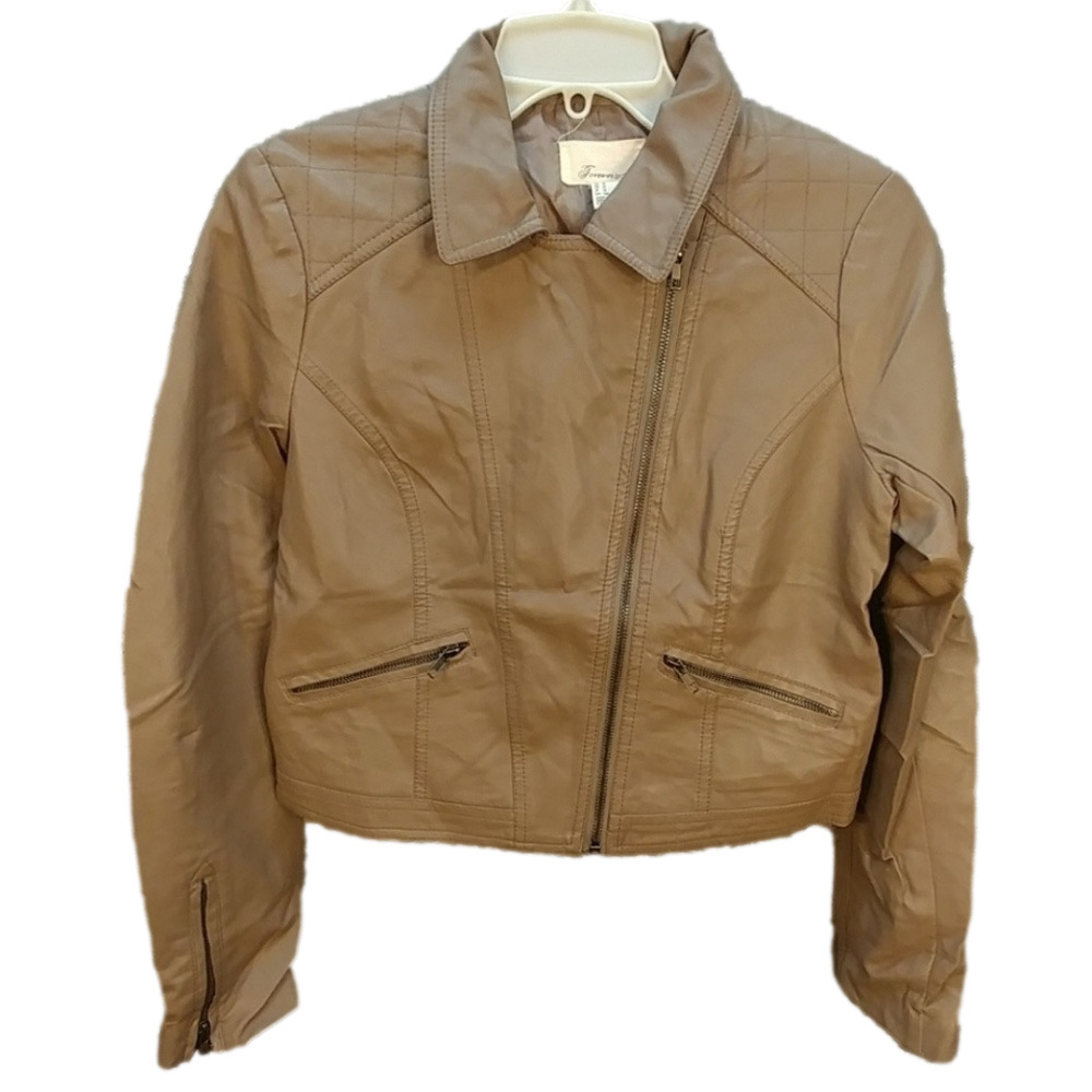 Forever 21 Tan Faux Leather Moto Jacket Cropped Zip Neutral